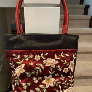 Burgundy Embroidered Thai Silk Hand Bag. 7.5” tall x 6” wide x 4.5” deep